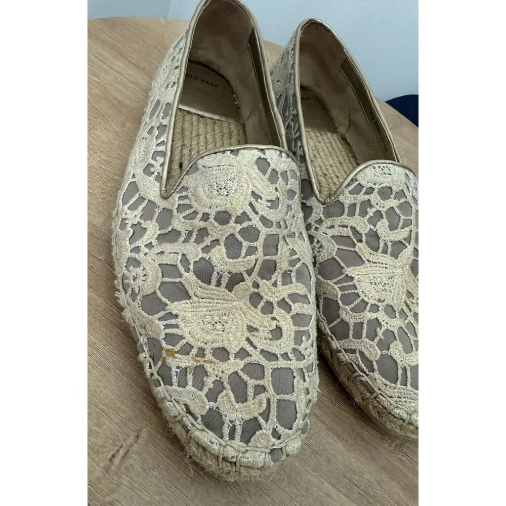 Cole Haan Cream Lace Embroidered Palermo‎ Beige Espadrilles Size 9.5 Bohemain